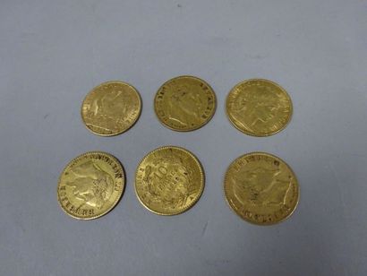 Lot de six pièces de 10 francs en or jaune...