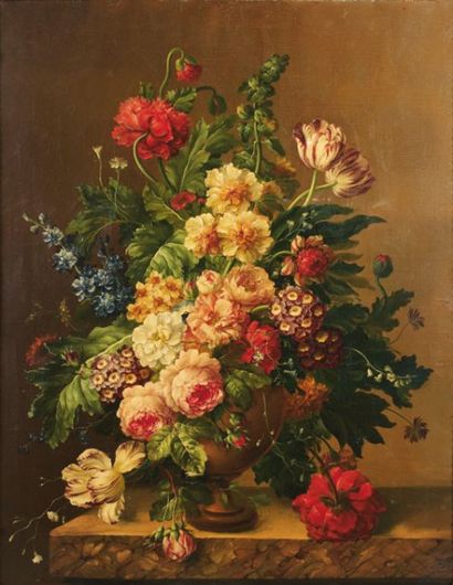 Ecole XIXe : « Bouquet de fleurs sur un entablement...