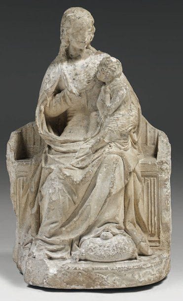 Vierge allaitant. Sculpture en calcaire avec...