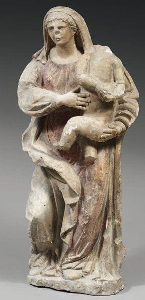 Vierge à l'Enfant. Sculpture en calcaire,...