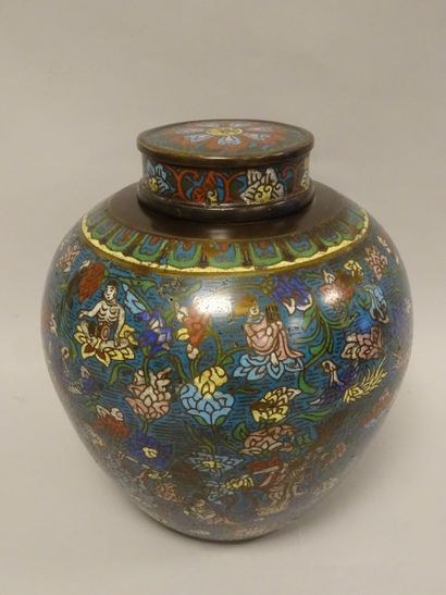 JAPON 

Pot couvert en bronze et émaux cloisonnés....