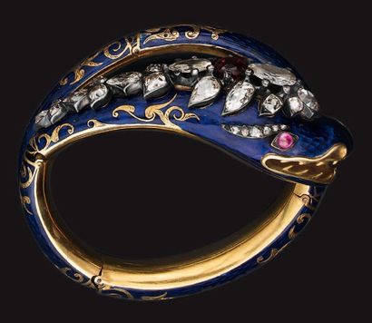 Bracelet serpent semi rigide ouvrant, émaillé...