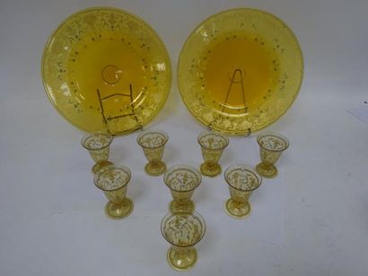 Deux plats circulaires et huit verres à liqueur...
