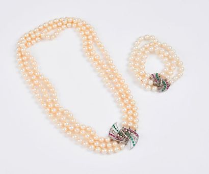 Parure de perles de culture en choker à trois...