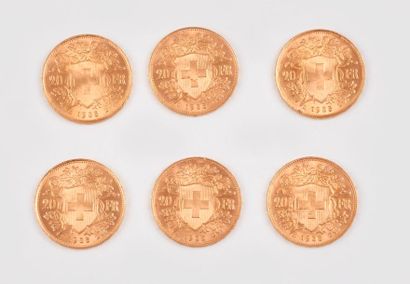 SUISSE

Six pièces de 20 francs.

Refrappes...