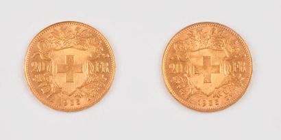 SUISSE

Deux pièces de 20 Fr or.

Refrappes...