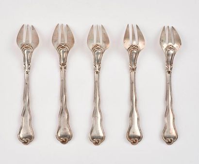 Cinq fourchettes à huîtres en argent (950),...