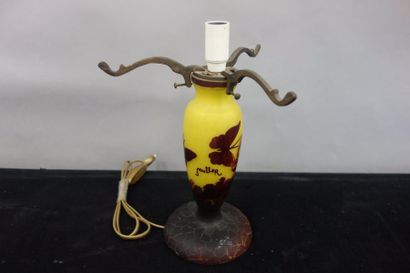 Pied de lampe.

Epreuve en verre jaune marmoréen.

Décor...