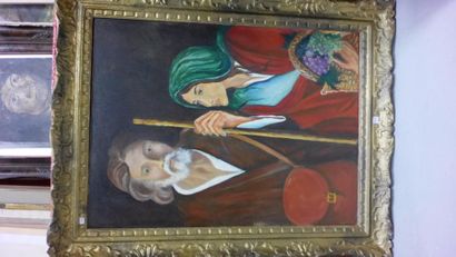 Verger et femme au panier de raisins.

Huile...