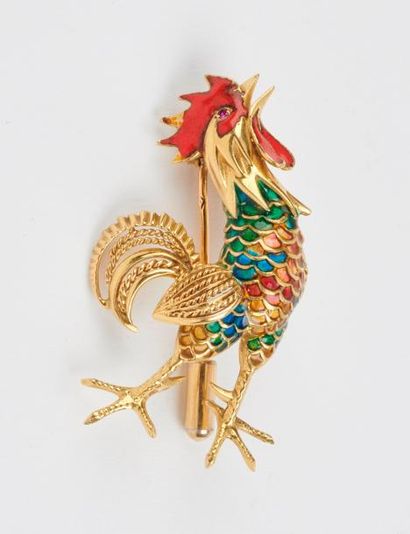 Clip en or jaune (750) figurant un coq chantant,...