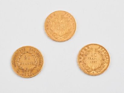 Lot de trois pièces de 20 Francs or. 

1808,...