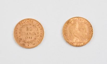 France
Deux pièces de 20 Francs en or, IIIème...