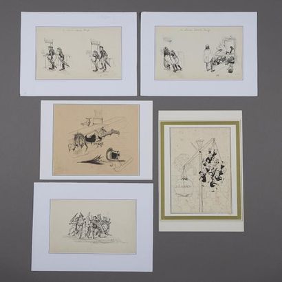 Ensemble de cinq dessins humoristiques de...