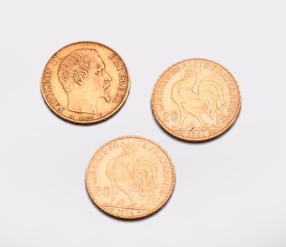 FRANCE

Trois pièces de 20 francs or. 

1855...