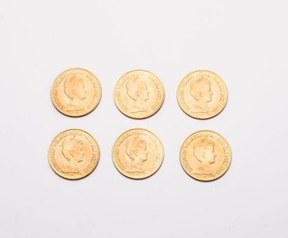 PAYS BAS 

Lot de 6 pièces de 10 florins,...