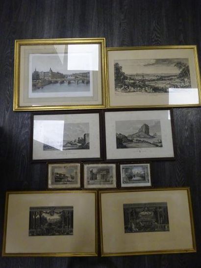 Lot de neuf gravures encadrées dont vues...