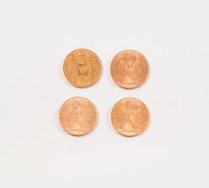 Lot de quatre pièces de 20 Francs en or :...