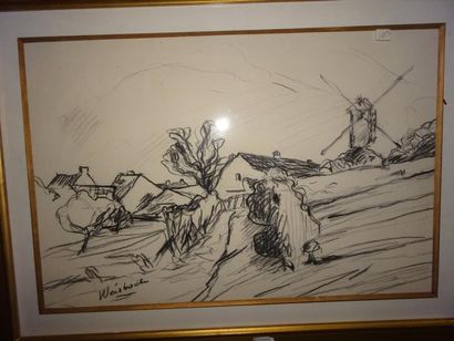 Paysage au moulin.

Fusain sur papier.

Porte...