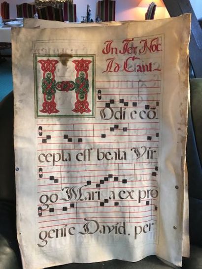 Pages d’antiphonaire, in-folio, calligraphiées...