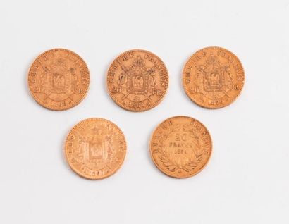 FRANCE

Lot de 5 pièces de 20 Francs or Napoléon...