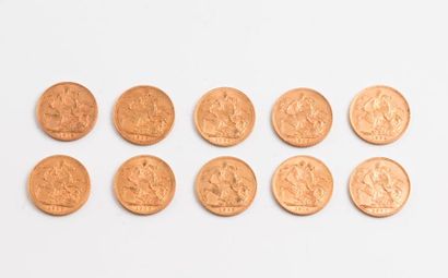 ANGLETERRE 

Lot de 10 Souverains, en or...