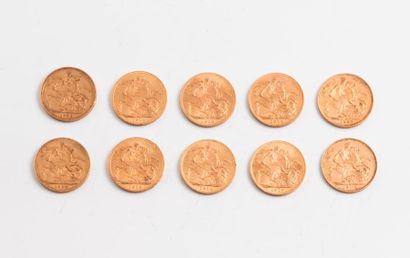 ANGLETERRE 

Lot de 10 Souverains en or jaune...