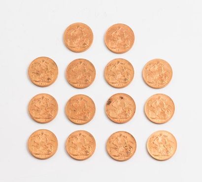 ANGLETERRE 

Lot de 14 Souverains en or jaune,...
