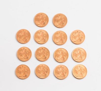 ANGLETERRE 

Lot de 14 Souverains en or jaune,...