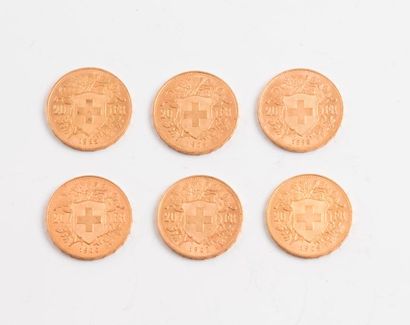 SUISSE 

Lot de 6 pièces de 20 francs or,...
