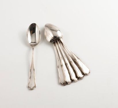 Six cuillères à thé en argent (800), à spatule...