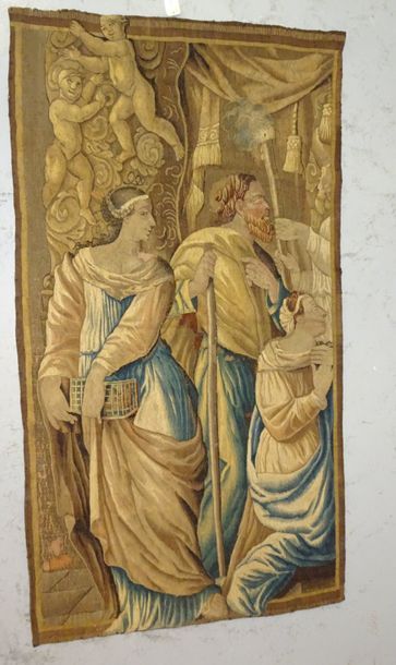 Pèlerin avec deux femmes, l'une agenouillée,...