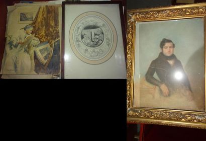 Deux mannettes de dessins, certains au pastel...