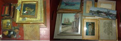 Deux mannettes de dessins, gravures ou huiles,...