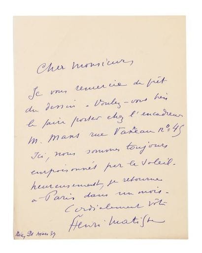 Henri MATISSE (1869-1954)
Lettre autographe...