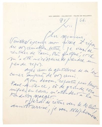 Joan MIRO (1893-1983)
Lettre autographe signée...