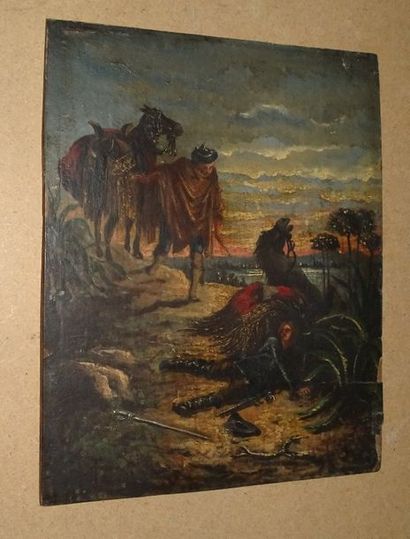 Deux cavaliers, l'un mourant au bord d'une...