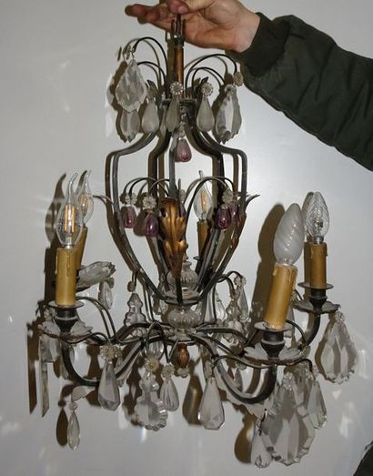Petit lustre cage à 6 lumières, en fer, tôle...