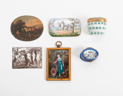 Trois plaques en cuivre émaillé, quelques...