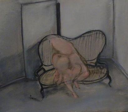 Ecole du XXème siècle

Etreinte sur un canapé.

Huile...