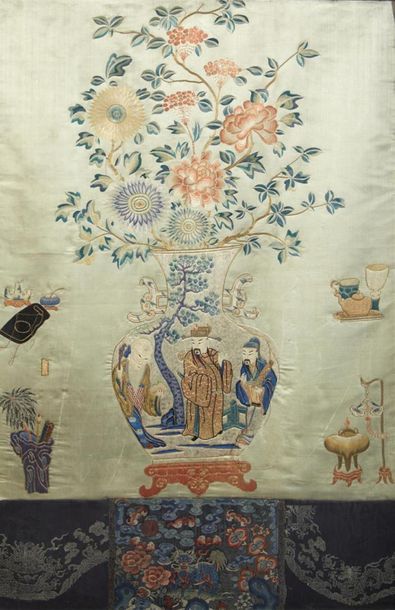 CHINE - Vers 1900
Deux panneaux en soie brodé,...