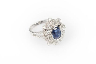 Bague flocon en or gris sertie d'un saphir...