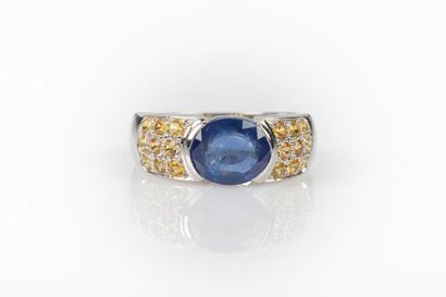 Bague jonc or gris sertie d'un saphir ovale...