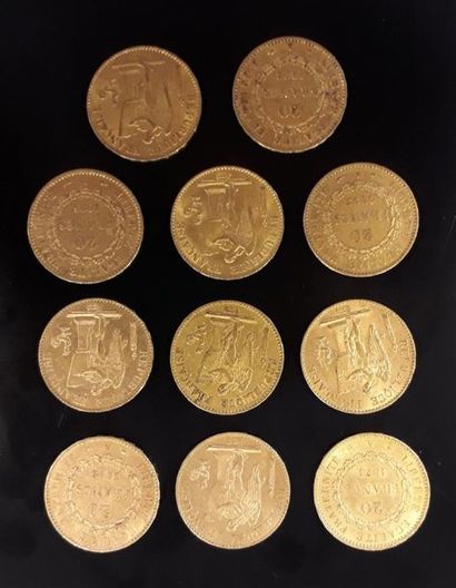 11 monnaies en or: 20 FF 1 Génie 1849A et...
