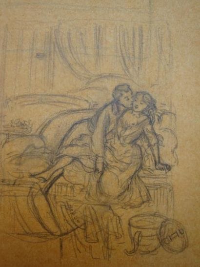 Famille de paysans, dessin rehaussé, traces...