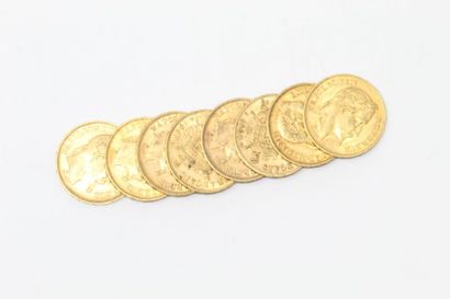 Huit pièces en or de 20 francs Napoléon III...