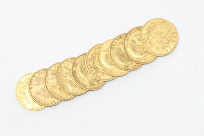 Dix pièces en or de 20 francs Napoléon III...