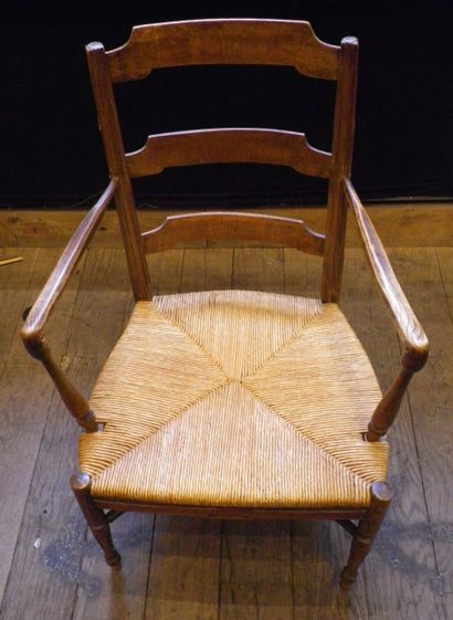 Fauteuil paillé en bois naturel et bandeau...