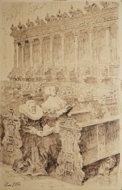 PILLE Henri, 1844-1897, 
Les dévotes, 
Plume...