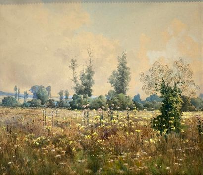 ECOLE MODERNE 
Champ fleuri 
Aquarelle gouachée,...