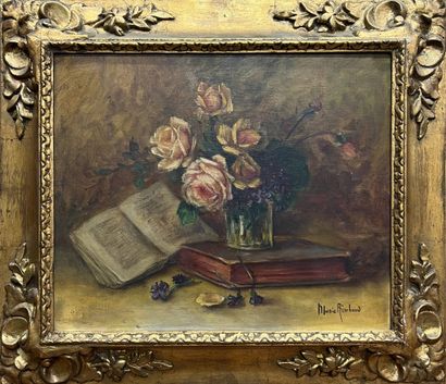 RIMBAUD Marie (XX) 
Fleurs et livres 
Huile...